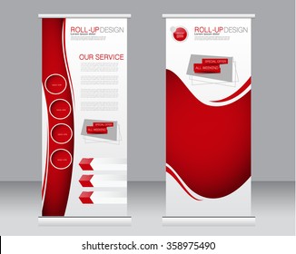 Roll up banner stand template. Abstract background for design,  business, education, advertisement.  Red color. Vector  illustration.