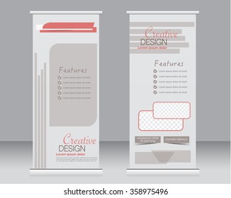 Roll up banner stand template. Abstract background for design,  business, education, advertisement.  Orange color. Vector  illustration.