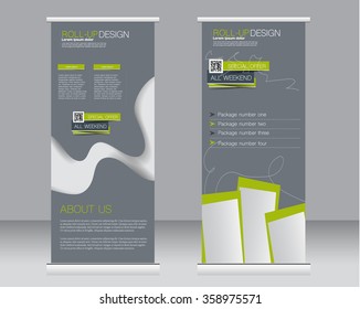 Roll up banner stand template. Abstract background for design,  business, education, advertisement.  Green color. Vector  illustration.