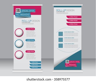 Roll up banner stand template. Abstract background for design,  business, education, advertisement.  Pink and green color. Vector  illustration.