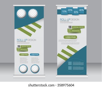 Roll up banner stand template. Abstract background for design,  business, education, advertisement.  Blue and green color. Vector  illustration.