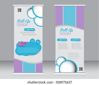 Roll up banner stand template. Abstract background for design,  business, education, advertisement.  Purple and blue color. Vector  illustration.