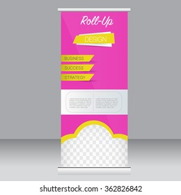 Roll up banner stand template. Abstract background for design,  business, education, advertisement.  Pink and yellow color. Vector  illustration.
