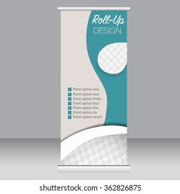 Roll up banner stand template. Abstract background for design,  business, education, advertisement.  Green color. Vector  illustration.