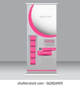 Roll up banner stand template. Abstract background for design,  business, education, advertisement.  Pink color. Vector  illustration.