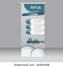 Roll up banner stand template. Abstract background for design,  business, education, advertisement.  Blue color. Vector  illustration.