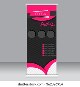 Roll up banner stand template. Abstract background for design,  business, education, advertisement.  Black and pink color. Vector  illustration.