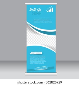 Roll up banner stand template. Abstract background for design,  business, education, advertisement.  Blue color. Vector  illustration.