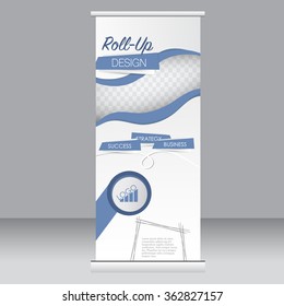 Roll up banner stand template. Abstract background for design,  business, education, advertisement.  Blue color. Vector  illustration.