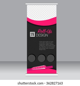 Roll up banner stand template. Abstract background for design,  business, education, advertisement.  Black and pink color. Vector  illustration.
