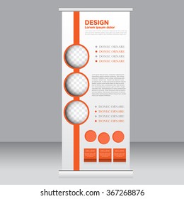 Roll up banner stand template. Abstract background for design,  business, education, advertisement.  Orange color. Vector  illustration