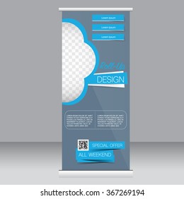 Roll up banner stand template. Abstract background for design,  business, education, advertisement.  Blue color. Vector  illustration