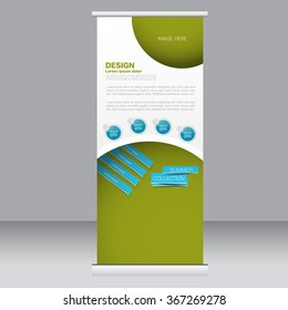 Roll up banner stand template. Abstract background for design,  business, education, advertisement.  Blue and green color. Vector  illustration