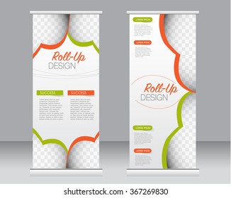 Roll up banner stand template. Abstract background for design,  business, education, advertisement.  Green and orange color. Vector  illustration
