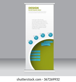 Roll up banner stand template. Abstract background for design,  business, education, advertisement.  Blue and green color. Vector  illustration