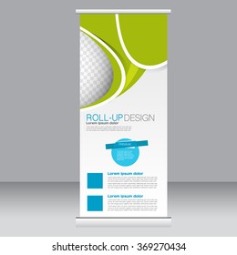 Roll up banner stand template. Abstract background for design,  business, education, advertisement.  Blue and green color. Vector  illustration.