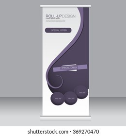Roll up banner stand template. Abstract background for design,  business, education, advertisement. Purple color. Vector  illustration.