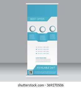 Roll up banner stand template. Abstract background for design,  business, education, advertisement.  Blue color. Vector  illustration.