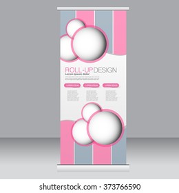 Roll up banner stand template. Abstract background for design,  business, education, advertisement. Pink and grey color. Vector  illustration