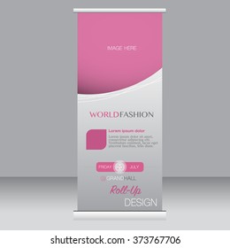 Roll up banner stand template. Abstract background for design,  business, education, advertisement. Pink color. Vector  illustration
