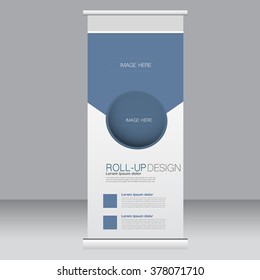 Roll up banner stand template. Abstract background for design,  business, education, advertisement. Blue color. Vector  illustration.