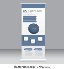 Roll up banner stand template. Abstract background for design,  business, education, advertisement. Blue color. Vector  illustration.