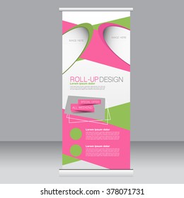 Roll up banner stand template. Abstract background for design,  business, education, advertisement.  Green and pink color. Vector  illustration.