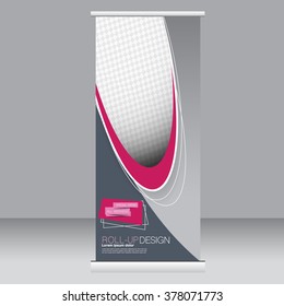 Roll up banner stand template. Abstract background for design,  business, education, advertisement.  Grey and pink color. Vector  illustration.