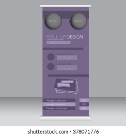 Roll up banner stand template. Abstract background for design,  business, education, advertisement. Purple color. Vector  illustration.