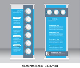 Roll up banner stand template. Abstract background for design,  business, education, advertisement.  Blue color. Vector  illustration.