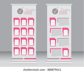 Roll up banner stand template. Abstract background for design,  business, education, advertisement.  Pink color. Vector  illustration.
