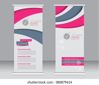 Roll up banner stand template. Abstract background for design,  business, education, advertisement.  Pink and grey color. Vector  illustration.