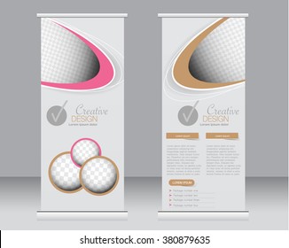 Roll up banner stand template. Abstract background for design,  business, education, advertisement.  BPink and brown color. Vector  illustration.
