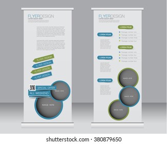 Roll up banner stand template. Abstract background for design,  business, education, advertisement.  Blue and green color. Vector  illustration.