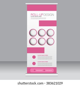 Roll up banner stand template. Abstract background for design,  business, education, advertisement. Pink color. Vector  illustration.