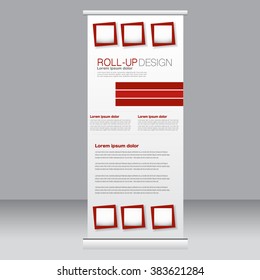 Roll up banner stand template. Abstract background for design,  business, education, advertisement. Red color. Vector  illustration.