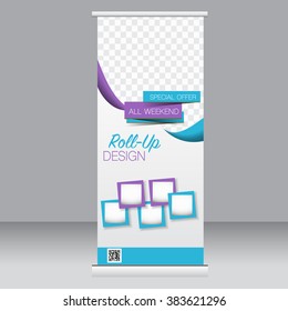 Roll up banner stand template. Abstract background for design,  business, education, advertisement. Blue and purple color. Vector  illustration.