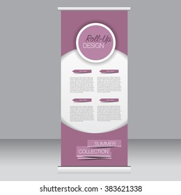 Roll up banner stand template. Abstract background for design,  business, education, advertisement. Purple color. Vector  illustration.