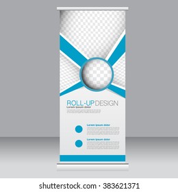 Roll up banner stand template. Abstract background for design,  business, education, advertisement. Blue color. Vector  illustration.