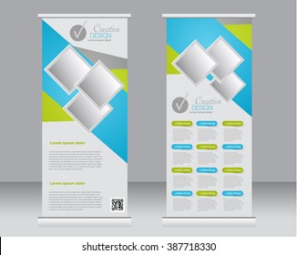 Roll up banner stand template. Abstract background for design,  business, education, advertisement.  Green and blue color. Vector  illustration.