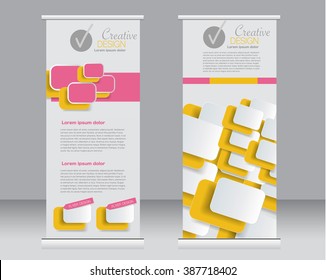 Roll up banner stand template. Abstract background for design,  business, education, advertisement.  Orange and pink color. Vector  illustration.