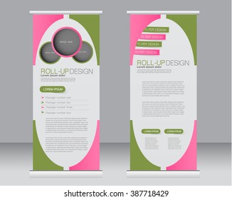 Roll up banner stand template. Abstract background for design,  business, education, advertisement.  Pink and green color. Vector  illustration.