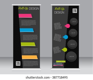 Roll up banner stand template. Abstract background for design,  business, education, advertisement.  Black, pink and blue color. Vector  illustration.