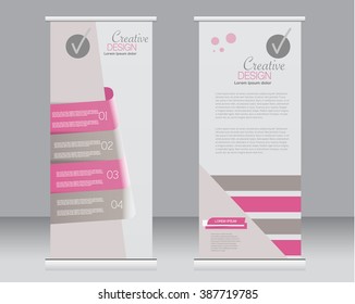 Roll up banner stand template. Abstract background for design,  business, education, advertisement.  Pink color. Vector  illustration.