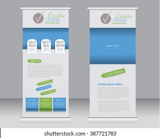 Roll up banner stand template. Abstract background for design,  business, education, advertisement.  Green and blue color. Vector  illustration.