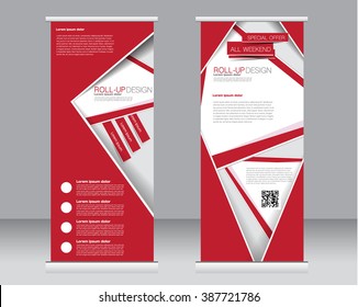 Roll up banner stand template. Abstract background for design,  business, education, advertisement.  Red color. Vector  illustration.