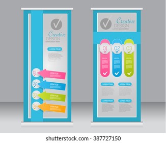 Roll up banner stand template. Abstract background for design,  business, education, advertisement.  Blue, pink, and green color. Vector  illustration.