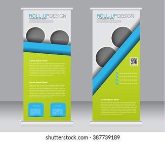 Roll up banner stand template. Abstract background for design,  business, education, advertisement.  Green and blue color. Vector  illustration.