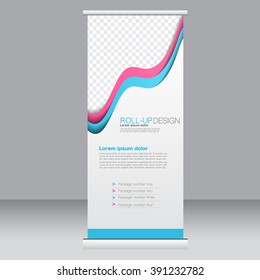 Roll up banner stand template. Abstract background for design,  business, education, advertisement. Pink and blue color. Vector  illustration.