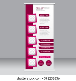Roll up banner stand template. Abstract background for design,  business, education, advertisement. Pink color. Vector  illustration.